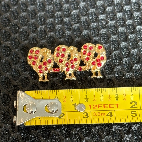 Vintage Unisex Gold-Tone Three Turkeys Brooch Pin with Red Rhinestones - Picture 7 of 10